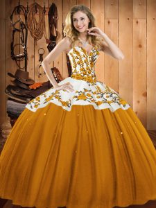 Floor Length Gold 15th Birthday Dress Satin and Tulle Sleeveless Embroidery