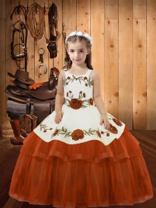 Straps Sleeveless Organza Little Girls Pageant Gowns Embroidery and Ruffled Layers Lace Up