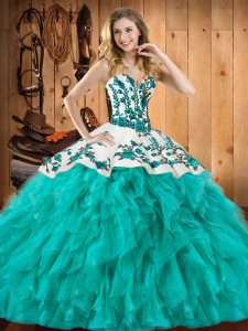 Delicate Turquoise Sweetheart Lace Up Embroidery and Ruffles Quinceanera Gown Sleeveless