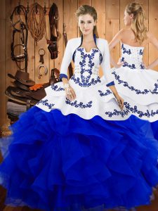 Glittering Strapless Sleeveless Quinceanera Gowns Floor Length Embroidery and Ruffles Blue Satin and Organza