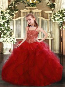 Sleeveless Tulle Floor Length Lace Up Little Girls Pageant Gowns in Red with Beading and Ruffles