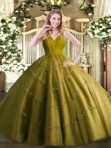 Trendy Sleeveless Floor Length Beading Zipper Sweet 16 Dresses with Olive Green