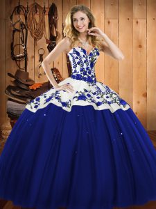 Blue Satin and Tulle Lace Up Sweetheart Sleeveless Floor Length Vestidos de Quinceanera Embroidery