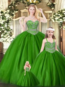 Green Tulle Lace Up Sweetheart Sleeveless Floor Length Sweet 16 Dresses Beading