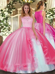 Wonderful Lace and Ruffles Quince Ball Gowns Hot Pink Clasp Handle Sleeveless Floor Length