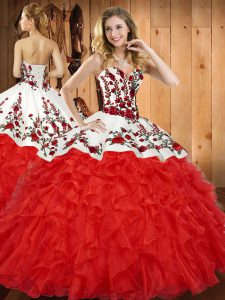 Stylish Wine Red Satin and Organza Lace Up Sweetheart Sleeveless Floor Length Quinceanera Gown Embroidery and Ruffles