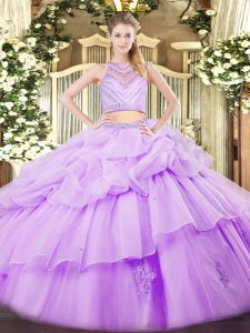 Lavender 15 Quinceanera Dress Military Ball and Sweet 16 and Quinceanera with Beading and Ruffles Scoop Sleeveless Zipper