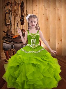 Fashionable Olive Green Ball Gowns Organza Straps Sleeveless Embroidery and Ruffles Floor Length Lace Up Pageant Dress