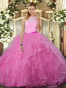 Rose Pink Sleeveless Ruffles Floor Length Quinceanera Dresses