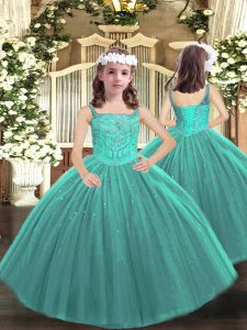 Unique Floor Length Teal Kids Pageant Dress Tulle Sleeveless Beading