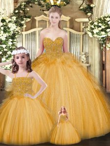 Best Floor Length Gold Quinceanera Gown Tulle Sleeveless Beading and Ruffles