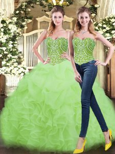 Top Selling Sleeveless Organza Floor Length Lace Up Vestidos de Quinceanera in Yellow Green with Beading and Ruffles