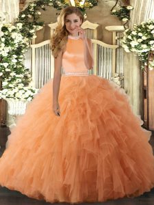 Orange Sleeveless Floor Length Beading and Ruffles Backless Quinceanera Gowns