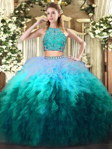 Multi-color Two Pieces Beading and Ruffles Quince Ball Gowns Zipper Tulle Sleeveless Floor Length