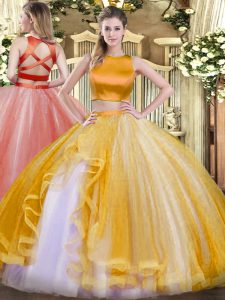 Gold Criss Cross High-neck Ruffles Ball Gown Prom Dress Tulle Sleeveless