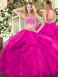 Simple Tulle Sleeveless Floor Length Sweet 16 Dresses and Beading and Ruffles