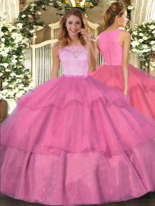 Best Selling Lace and Ruffled Layers Sweet 16 Dress Hot Pink Clasp Handle Sleeveless Floor Length