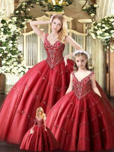 Top Selling Floor Length Red Ball Gown Prom Dress Tulle Sleeveless Beading