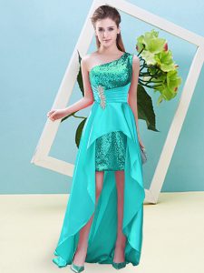 Exceptional Aqua Blue One Shoulder Lace Up Beading and Sequins Prom Party Dress Sleeveless