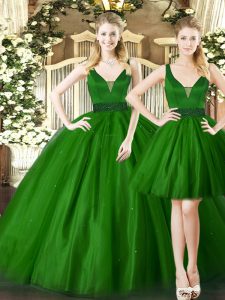 Floor Length Dark Green Quinceanera Gown Straps Sleeveless Lace Up
