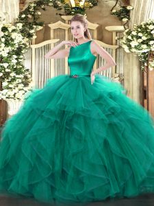 Top Selling Turquoise Clasp Handle Scoop Ruffles Quince Ball Gowns Organza Sleeveless