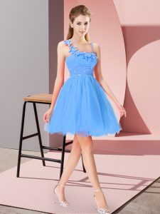 Comfortable Baby Blue Organza Zipper Asymmetric Sleeveless Mini Length Prom Gown Beading and Hand Made Flower