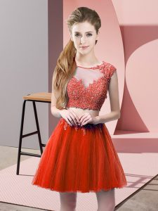 Two Pieces Prom Dresses Red Scoop Tulle Sleeveless Mini Length Zipper