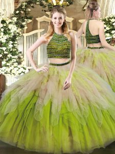 Fantastic Multi-color Quinceanera Gown Military Ball and Sweet 16 and Quinceanera with Beading and Ruffles Halter Top Sleeveless Lace Up