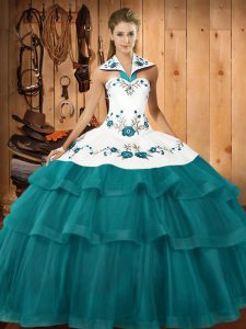 Captivating Embroidery and Ruffled Layers Sweet 16 Dress Teal Lace Up Sleeveless Sweep Train
