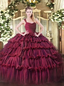 High Class Organza Straps Sleeveless Zipper Ruffled Layers Ball Gown Prom Dress in Burgundy