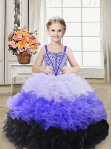Straps Sleeveless Organza Girls Pageant Dresses Beading and Ruffles Lace Up