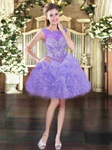 Lavender Organza Lace Up Prom Dresses Sleeveless Mini Length Beading and Ruffles and Pick Ups
