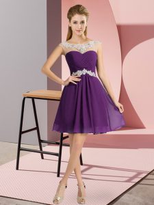 Customized Mini Length Purple Dress for Prom Chiffon Cap Sleeves Beading