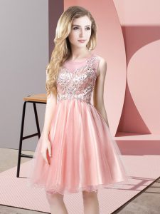 Custom Fit Sleeveless Knee Length Beading Zipper Prom Dress with Baby Pink