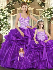 Graceful Purple Ball Gowns Straps Sleeveless Organza Floor Length Lace Up Beading and Ruffles 15th Birthday Dress