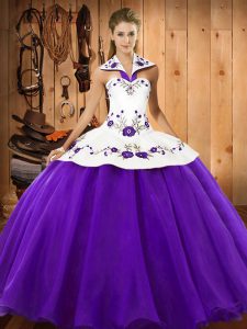 Purple Ball Gowns Halter Top Sleeveless Satin and Tulle Floor Length Lace Up Embroidery Quinceanera Dresses