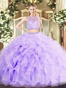 Eye-catching Two Pieces Ball Gown Prom Dress Lavender Scoop Organza Sleeveless Floor Length Zipper