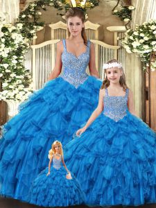 Fitting Teal Ball Gowns Tulle Scoop Sleeveless Beading and Ruffles Floor Length Lace Up Sweet 16 Dress
