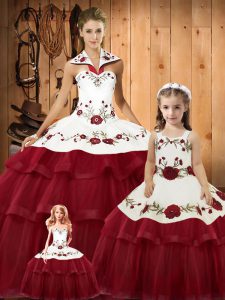Wine Red Sleeveless Embroidery and Ruffled Layers Lace Up Quinceanera Dresses
