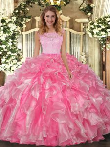 Dynamic Hot Pink Scoop Neckline Lace and Ruffles Quinceanera Gown Sleeveless Clasp Handle