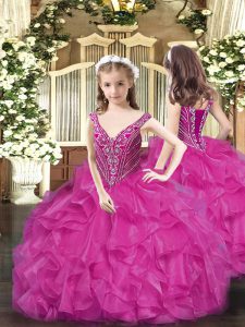 Most Popular Floor Length Fuchsia Pageant Dresses V-neck Sleeveless Lace Up