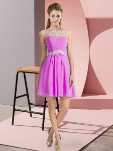 Lilac Chiffon Lace Up Scoop Cap Sleeves Mini Length Prom Evening Gown Beading