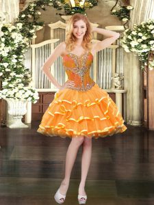 Mini Length Orange Prom Dresses Organza Sleeveless Beading and Ruffled Layers