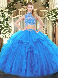 Two Pieces Quinceanera Dresses Baby Blue High-neck Tulle Sleeveless Floor Length Backless