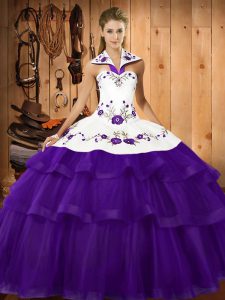 Sweep Train Ball Gowns Quince Ball Gowns Purple Halter Top Organza Sleeveless Lace Up