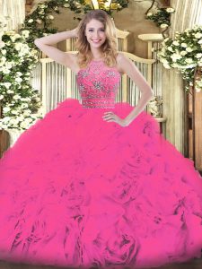Hot Pink Ball Gowns Beading and Ruffles Sweet 16 Dress Zipper Tulle Sleeveless Floor Length