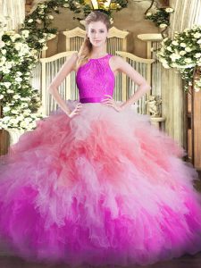 Dramatic Lace and Ruffles Sweet 16 Dress Multi-color Zipper Sleeveless Floor Length