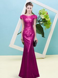 Beautiful Scoop Cap Sleeves Zipper Prom Party Dress Fuchsia Sequined