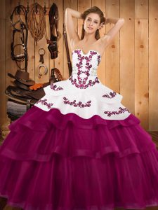 Fuchsia Ball Gown Prom Dress Military Ball and Sweet 16 and Quinceanera with Embroidery and Ruffled Layers Strapless Sleeveless Sweep Train Lace Up