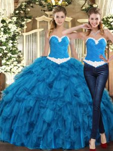 Sweetheart Sleeveless Quince Ball Gowns Floor Length Ruffles Teal Tulle